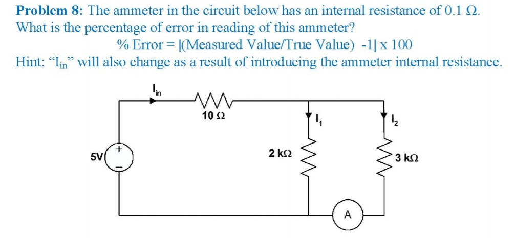 Problem 8: The ammeter in the circuit below has an internal resistance