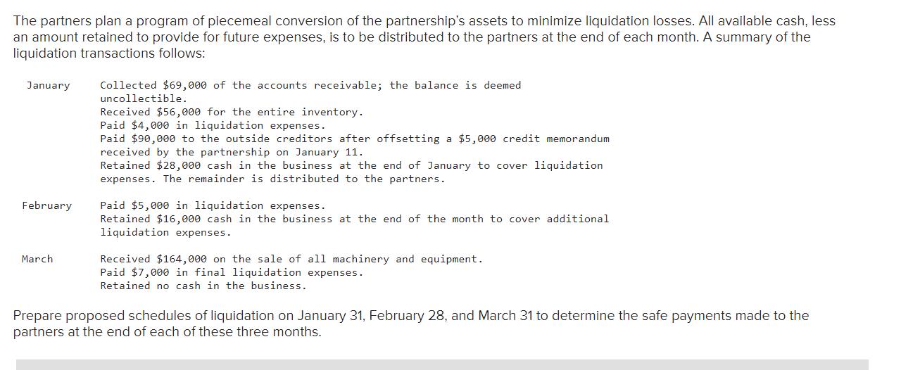 The partners plan a program of piecemeal conversion of the partnerships assets to minimize liquidation losses. All available
