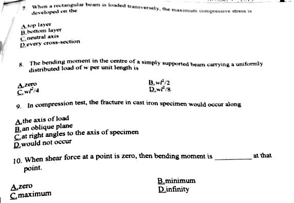When a rectangular beam is loaded transversely, the maximum compressive stress is