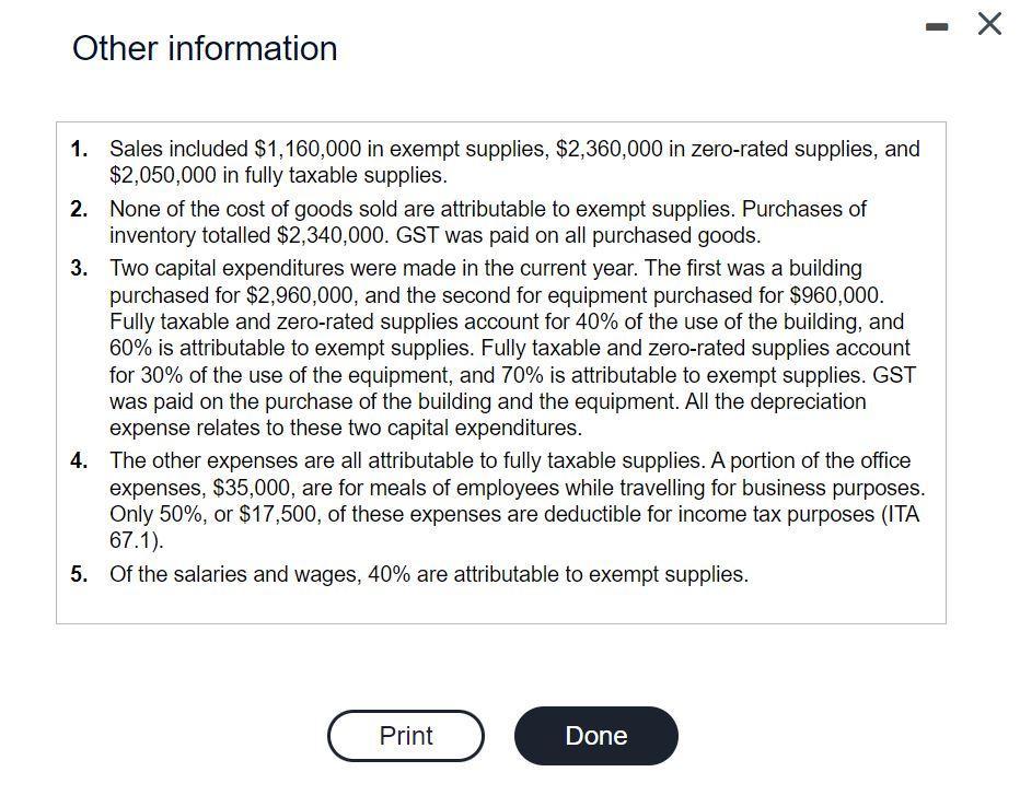 Other information 1. Sales included \( \$ 1,160,000 \) in exempt supplies, \( \$ 2,360,000 \) in zero-rated supplies, and \(