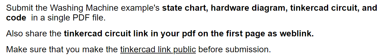 Submit the Washing Machine example's state chart, hardware diagram, tinkercad circuit, and