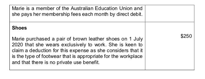 Marie is a member of the Australian Education Union and she pays her membership fees each month by direct debit. Shoes $250 M