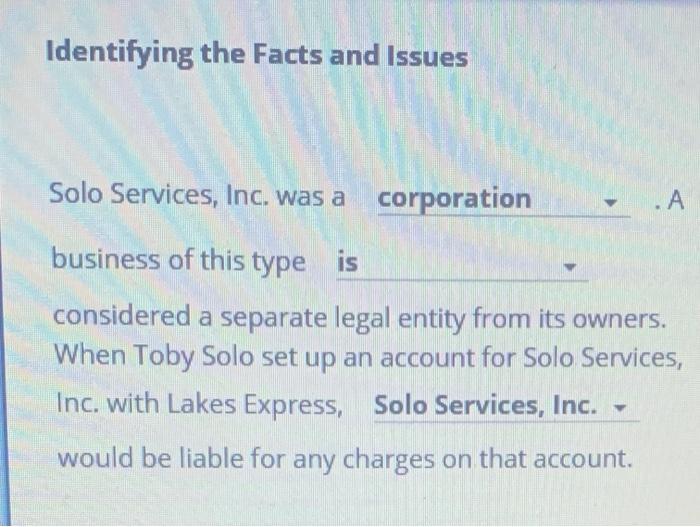 Identifying the Facts and Issues Solo Services, Inc. was a corporation Abusiness of this type is considered a separate legal