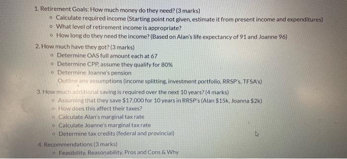 1. Retirement Goals: How much money do they need? (3 marks) - Calculate required income (Starting point not given, estimate i