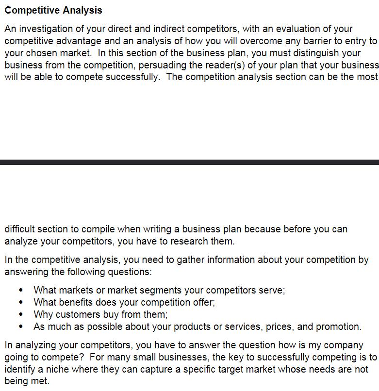 Competitive AnalysisAn investigation of your direct and indirect competitors, with an evaluation of yourcompetitive advanta