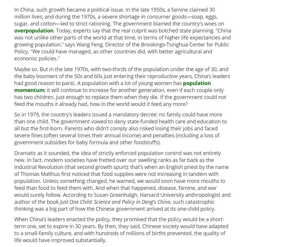 In China, such growth became a political issue. In the late 1950s, a famine claimed 30 million lives; and during the 1970s, a