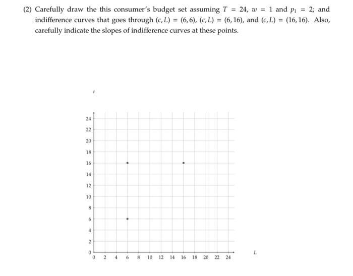 (2) Carefully draw the this consumers budget set assuming ( T=24, w=1 ) and ( p_{1}=2 ); and indifference curves that go