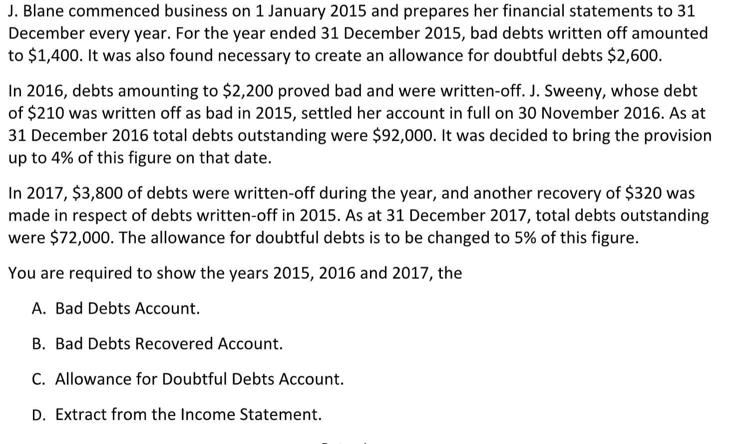 J. Blane commenced business on 1 January 2015 and prepares her financial statements to 31 December every year. For the year e