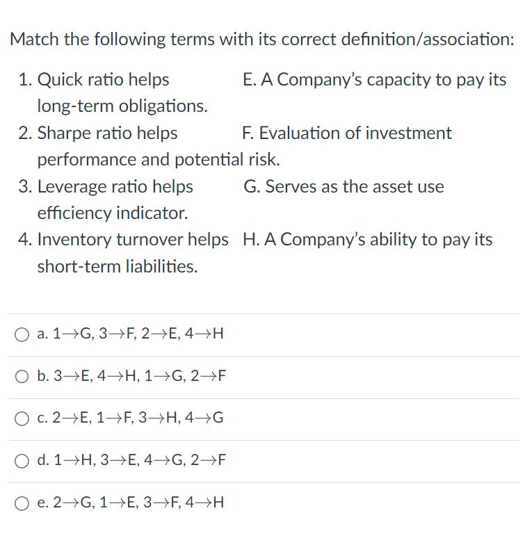 Match the following terms with its correct definition/association: 1. Quick ratio helps E. A Companys capacity to pay its lo
