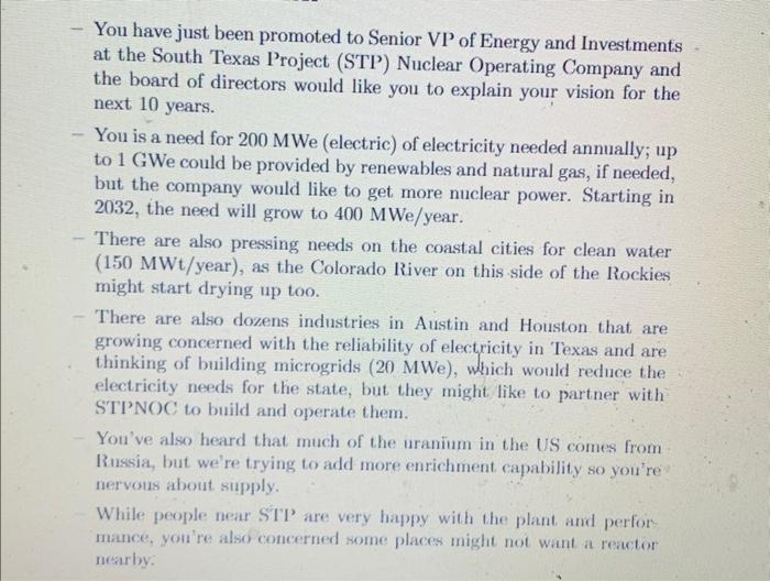 - You have just been promoted to Senior VP of Energy and Investments at the South Texas Project (STP) Nuclear Operating Compa