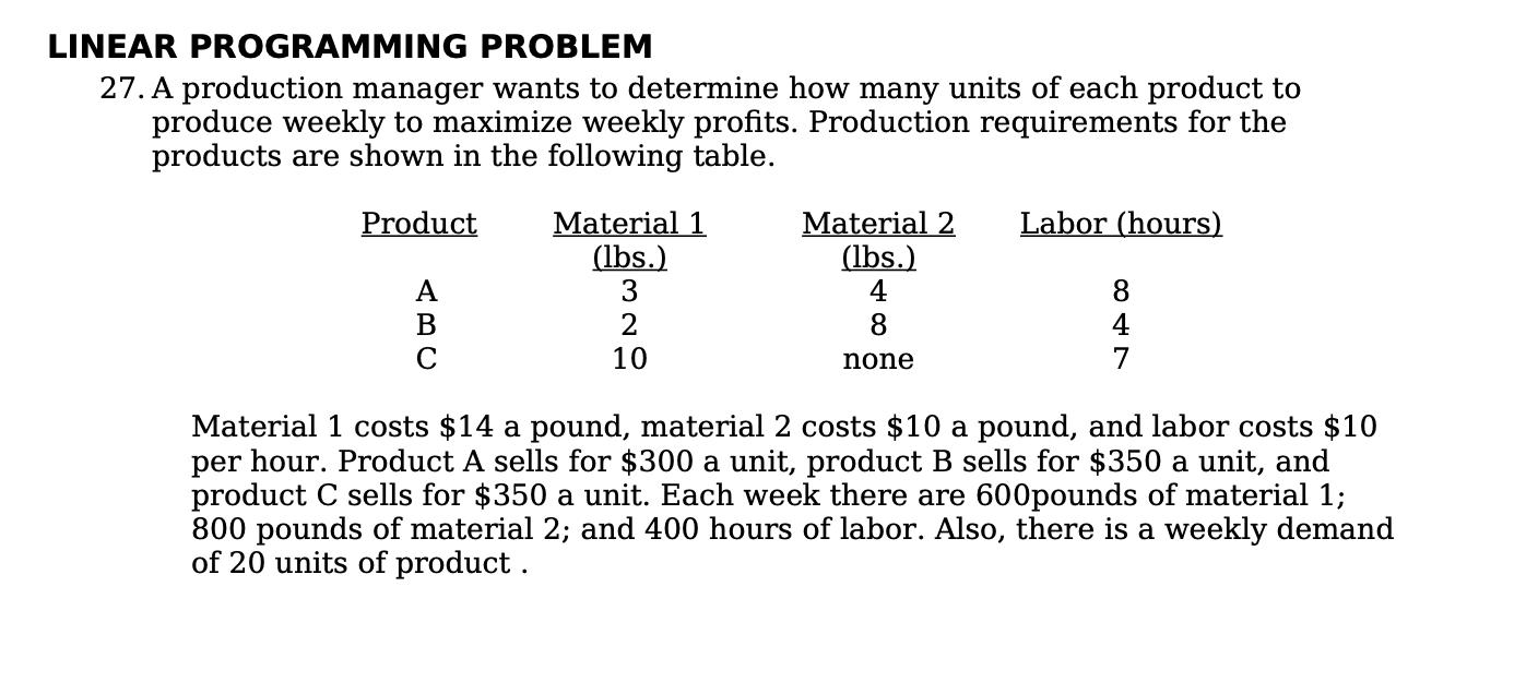 LINEAR PROGRAMMING PROBLEM 27. A production manager wants to determine how many units of each product to produce weekly to ma