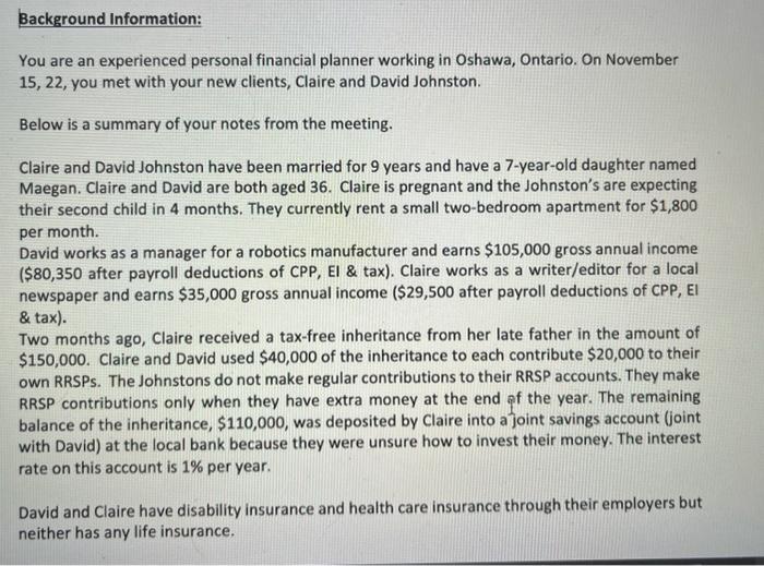 Background Information:You are an experienced personal financial planner working in Oshawa, Ontario. On November 15,22, you