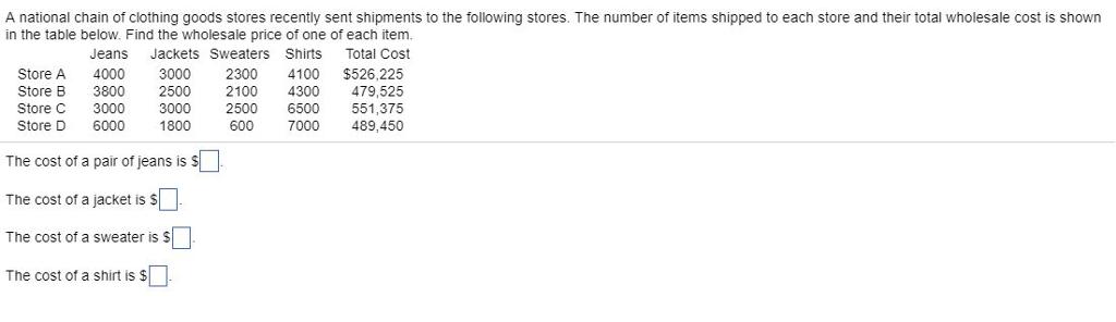 A national chain of clothing goods stores recently sent shipments to the following stores. The number of items shipped to each store and their total wholesale cost is shown in the table below. Find the wholesale price of one of each item. Jeans Jackets Sweaters Shirts Total Cost Store A 4000 3000 2300 4100 $526,225 Store B 3800 2500 2100 4300 479,525 Store C 3000 3000 2500 6500 551,375 Store D 600 1800 60 7000 489,450 The cost of a pair of jeans is S The cost of a jacket is S The cost of a sweater is S The cost of a shirt is $