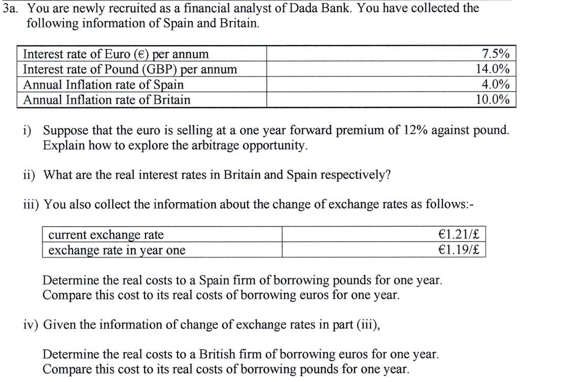 3a. You are newly recruited as a financial analyst of Dada Bank. You have collected the following information of Spain and Br