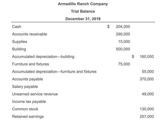 160,000 Armadillo Ranch Company Trial Balance December 31, 2018 Cash $ 204,000 Accounts receivable 290,000 Supplies 15,000 Bu