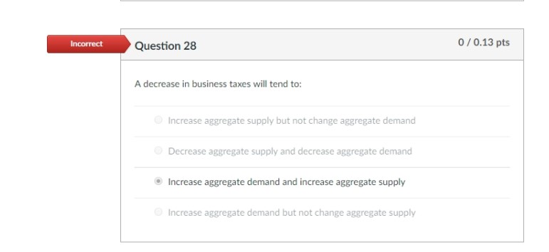 Incorrect Question 28 A decrease in business taxes will tend to: Increase