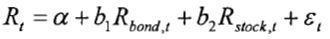 ( R_{t}=alpha+b_{1} R_{text {bond }, t}+b_{2} R_{text {stock }, t}+varepsilon_{t} )