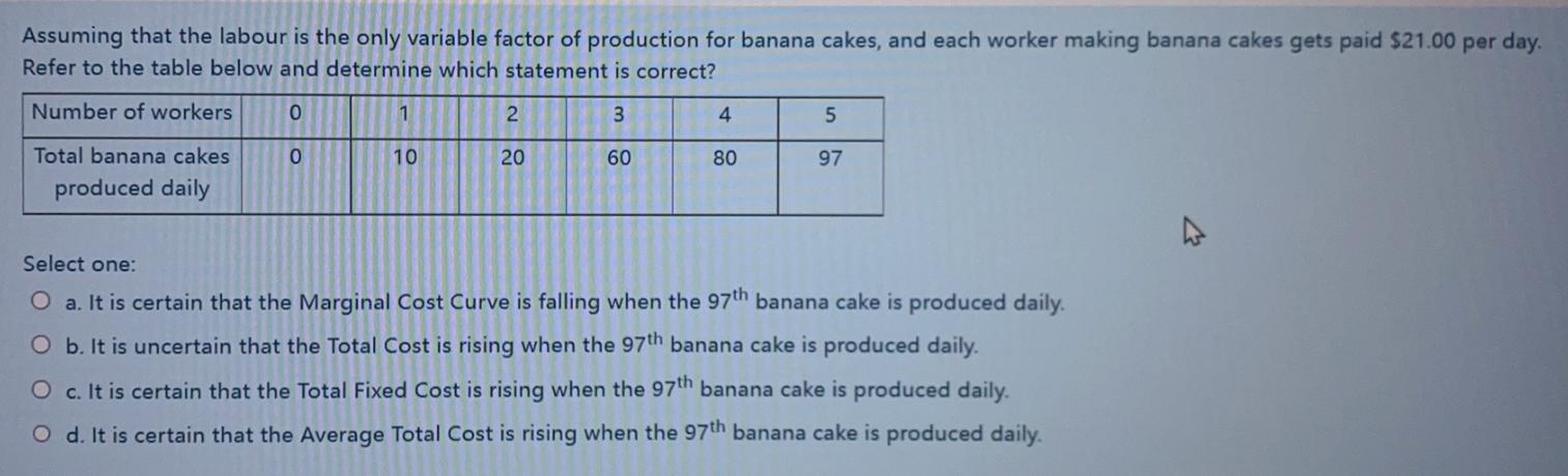 Assuming that the labour is the only variable factor of production for banana cakes, and each worker making banana cakes gets
