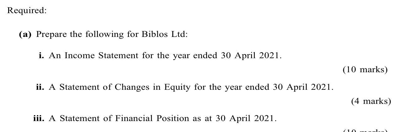 equired: (a) Prepare the following for Biblos Ltd: i. An Income Statement for the year ended 30 April 2021. (10 marks) ii. A