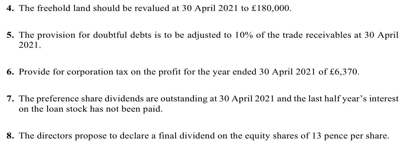 4. The freehold land should be revalued at 30 April 2021 to \( £ 180,000 \). 5. The provision for doubtful debts is to be adj