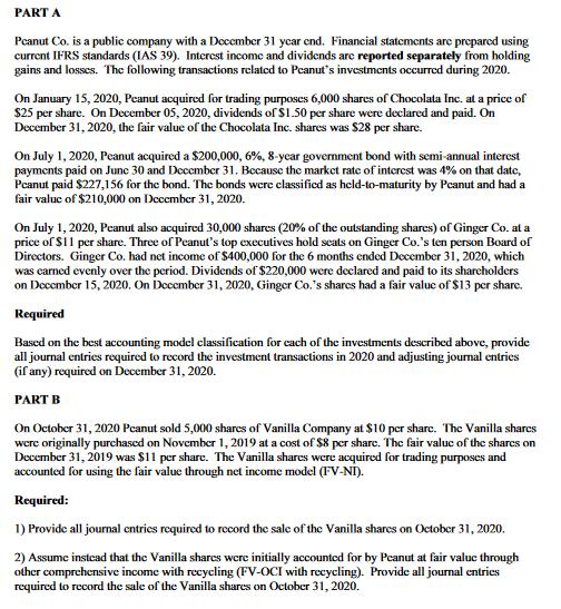 PART A Peanut Co. is a public company with a December 31 year end. Financial statements are prepared using current IFRS stand