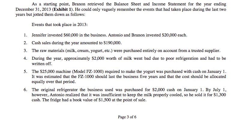 As a starting point, Branon retrieved the Balance Sheet and Income Statement for the year ending December 31, 2013 (Exhibit 1