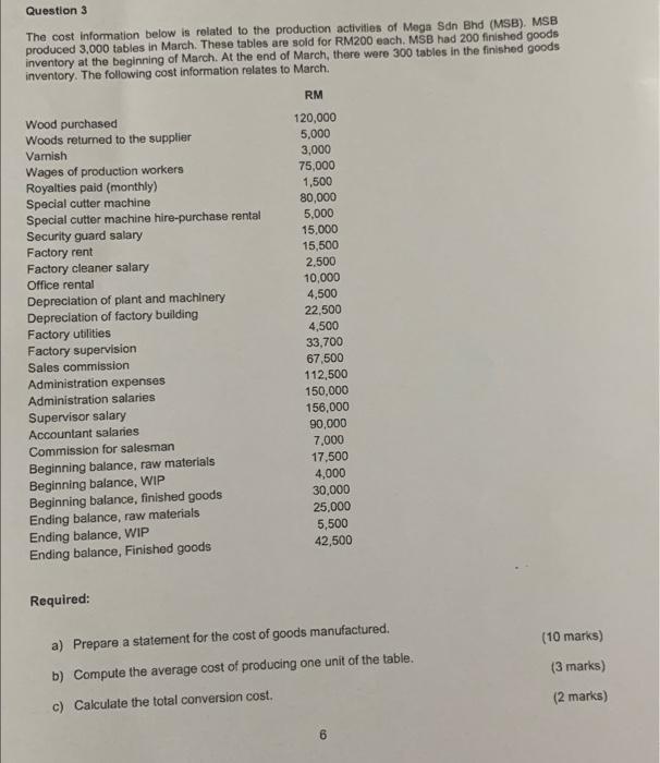 Question 3 The cost information below is rolated to the production activities of Mega Sdn Bhd (MSB). MSB produced 3.000 table