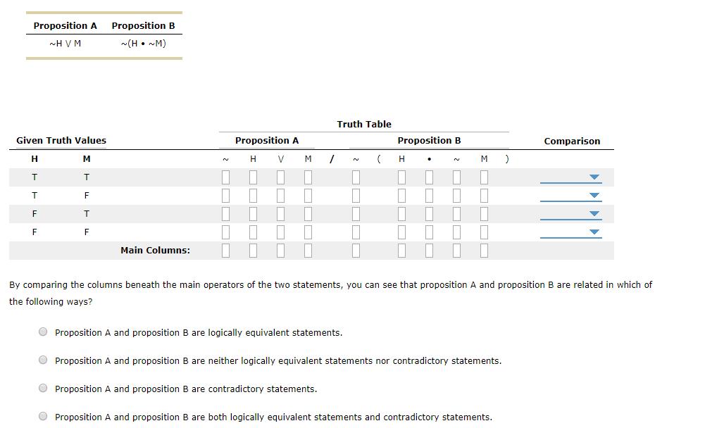 Proposition A ~HVM Proposition B (H -M) Truth Table Comparison Given Truth Values мт т Proposition A H V Proposition B H . ~