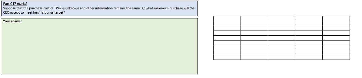 Part C [7 marks] Suppose that the purchase cost of TP47 is unknown and other information remains the same. At what maximum pu