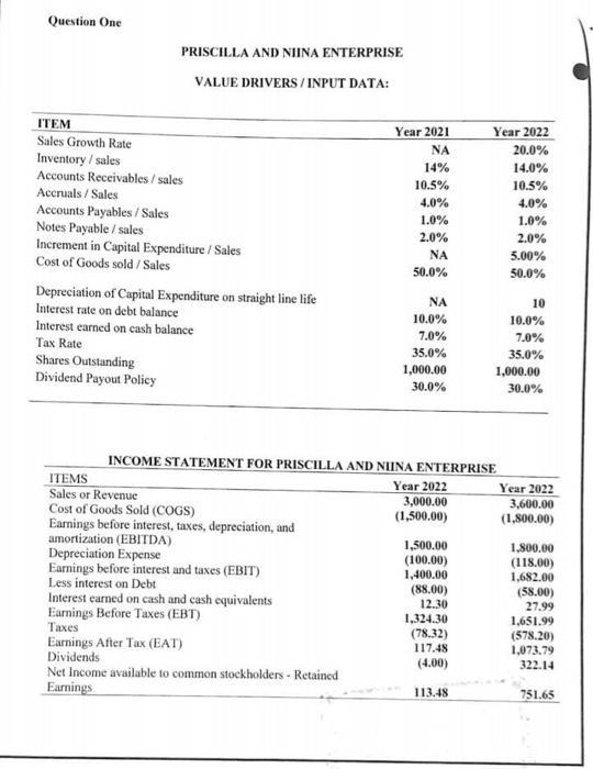 PRISCILLA AND NIINA ENTERPRISE VALUE DRIVERS / INPUT DATA: