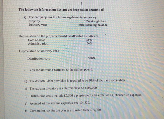 1 The following information has not yet been taken account of: a) The company has the following depreciation policy: Property