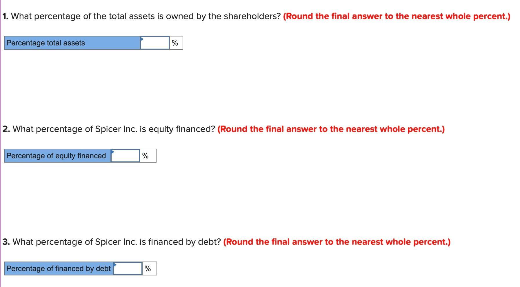 1. What percentage of the total assets is owned by the shareholders? (Round the final answer to the nearest whole percent.) 2