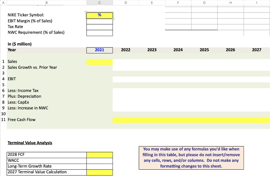 С DE FG %NIKE Ticker Symbol: EBIT Margin (% of Sales) Tax Rate NWC Requirement (% of Sales) in ($ million) Year 2021 2022