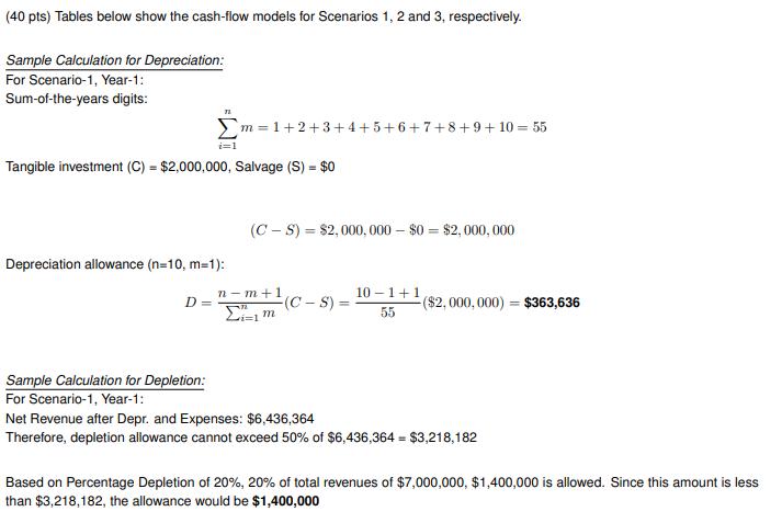 (40 pts) Tables below show the cash-flow models for Scenarios 1, 2 and 3 , respectively. Sample Calculation for Depreciation: