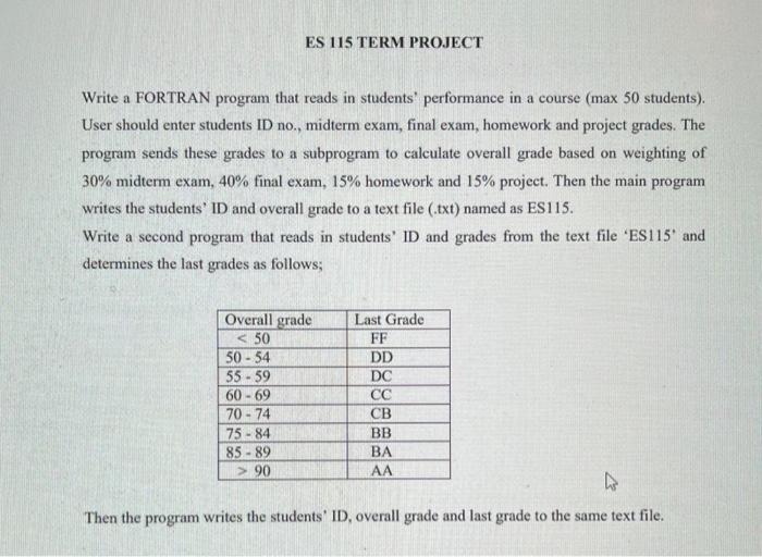 Write a FORTRAN program that reads in students performance in a course (max 50 students). User should enter students ID no.,