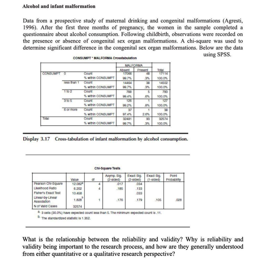 Alcohol and infant malformation Data from a prospective study of maternal drinking and congenital malformations (Agresti, 199