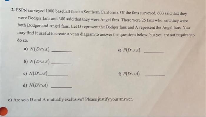 2. ESPN surveyed 1000 baseball fans in Southern Califormia. Of the fans surveyed, 600 said that they were Dodger fans and 300