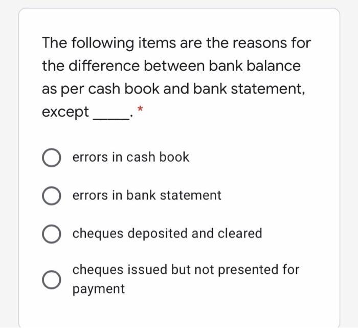 The following items are the reasons for the difference between bank balance as per cash book and bank statement, except error