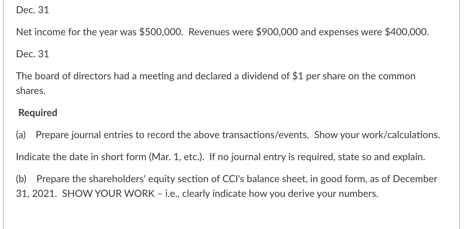 Dec. 31 Net income for the year was $500,000. Revenues were $900,000 and expenses were $400,000. Dec. 31 The board of directo