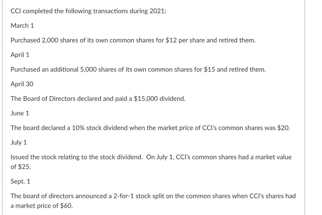 CCI completed the following transactions during 2021: March 1 Purchased 2,000 shares of its own common shares for $12 per sha