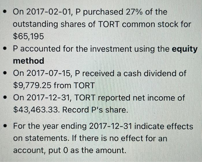 • On 2017-02-01, P purchased 27% of the outstanding shares of TORT common stock for $65,195 . P accounted for the investment