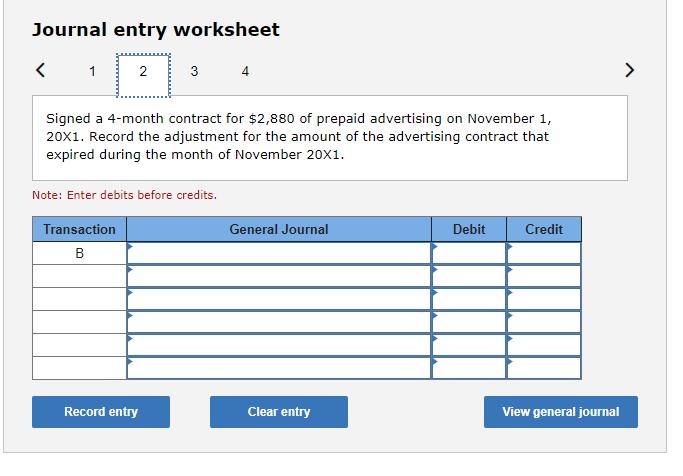 Journal entry worksheet Signed a 4-month contract for ( $ 2,880 ) of prepaid advertising on November 1 , ( 20 times 1 )