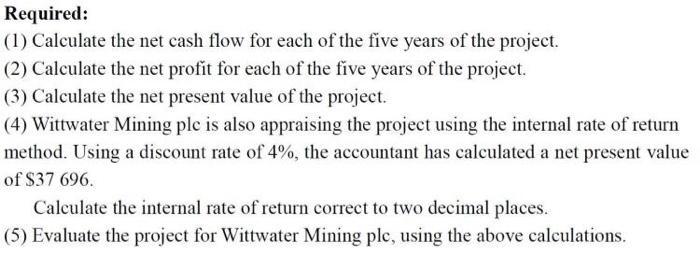 Required: (1) Calculate the net cash flow for each of the five years of the project. (2) Calculate the net profit for each of