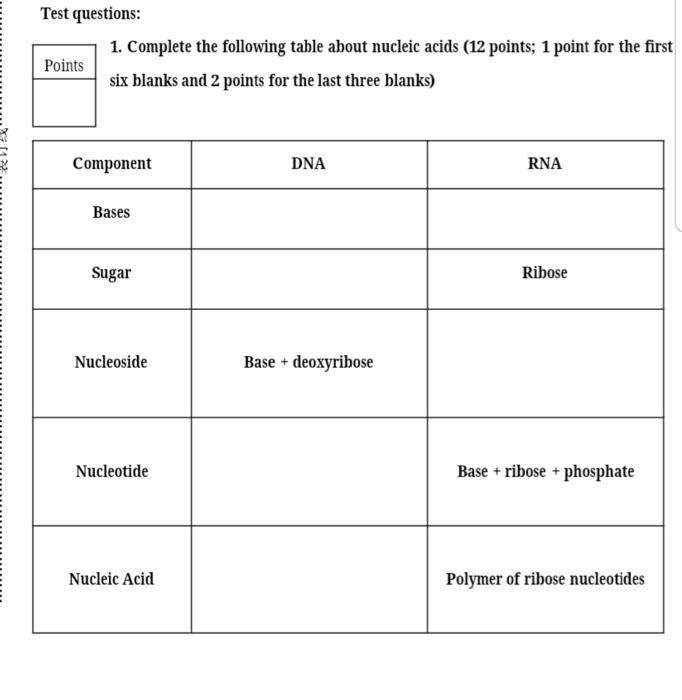 Test questions: 1. Complete the following table about nucleic acids (12 points; 1 point for the first six blanks and 2 points