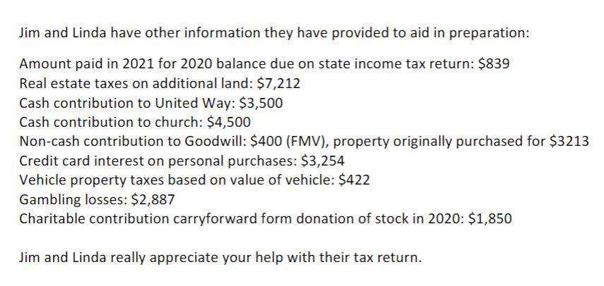 Jim and Linda have other information they have provided to aid in preparation: Amount paid in 2021 for 2020 balance due on st