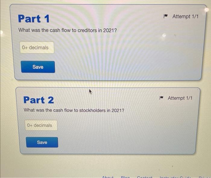 What was the cash flow to creditors in 2021?Part 2What was the cash flow to stockholders in ( 2021 ? )
