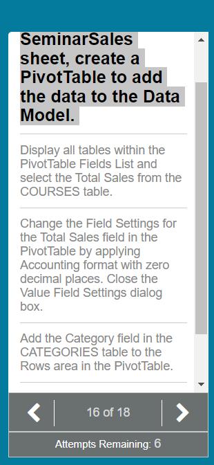 SeminarSales sheet, create a PivotTable to add the data to the Data Model. Display all tables within the PivotTable Fields Li