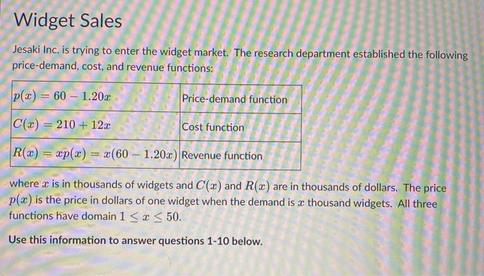 Jesaki Inc. is trying to enter the widget market. The research department established the following price-demand, cost, and r