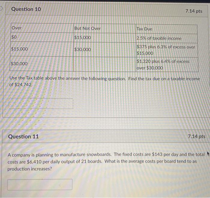 Question 10( 7.14 ) ptsUse the Tax table above the answer the following question. Find the tax due on a taxable income of