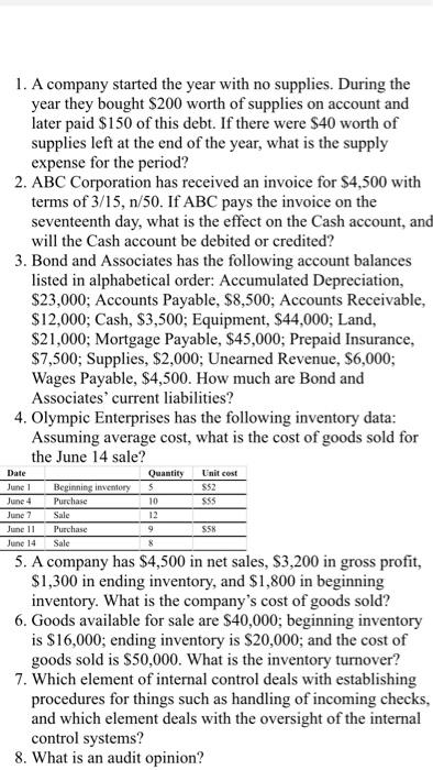 1. A company started the year with no supplies. During the year they bought $200 worth of supplies on account and later paid